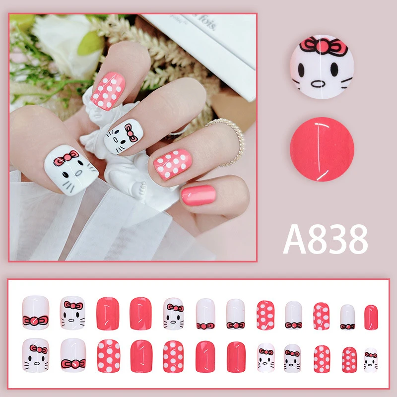 24PCS Sanrio Hello Kitty False Nails Wearable Waterproof Press On Nail Art Full Coverage Faux Cute Nail Print Accessories Tool