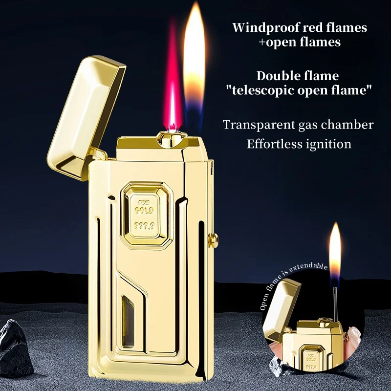 

New Retractable Open Flame Metal Dual Flame Gas Lighter With Red Flame Portable Kitchen Ignition Outdoor Barbecue Men's Tools