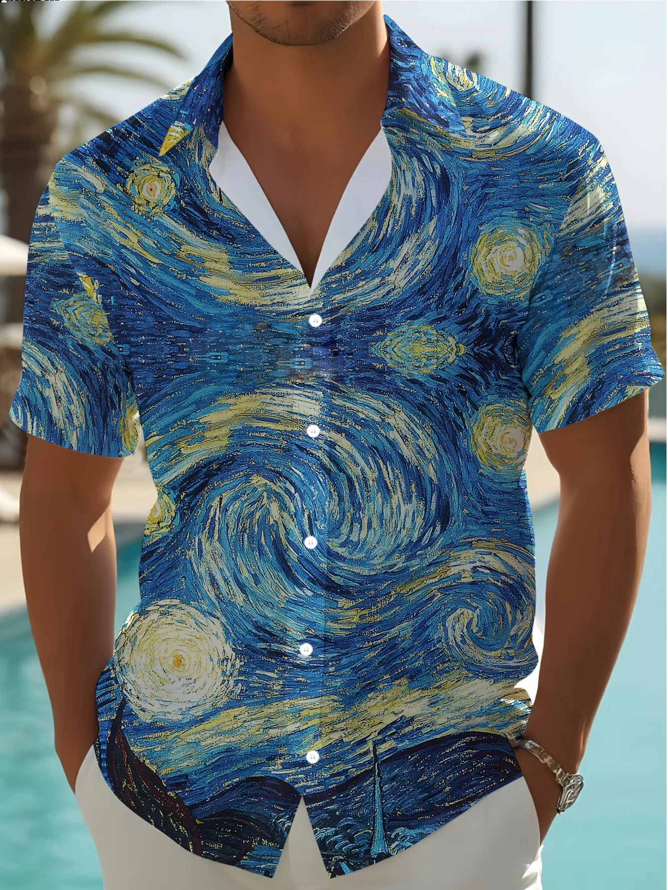Beach Shirts Classic Van Gogh Starry Night Impressionist Art Printed Relaxed Daily Short Sleeve Button Lapel Tops Men Clothes