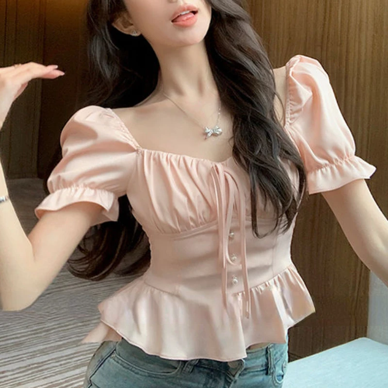 Puff Sleeve Blouses Women Ruffles Tender Lace-up Fashion Slim Hotsweet Solid All-match Summer New Vintage Female Korean Style