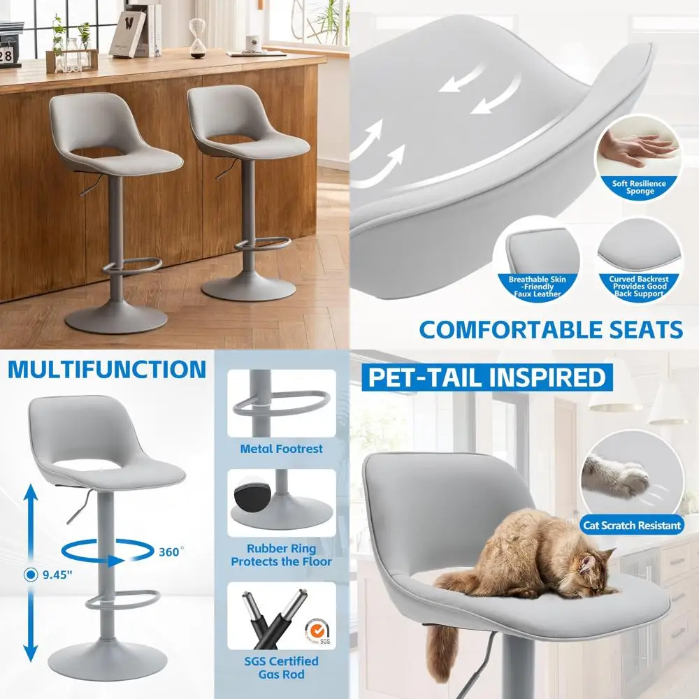 

Pair of Adjustable Grey Swivel Bar Stools with Faux Leather Seat for Counter Height