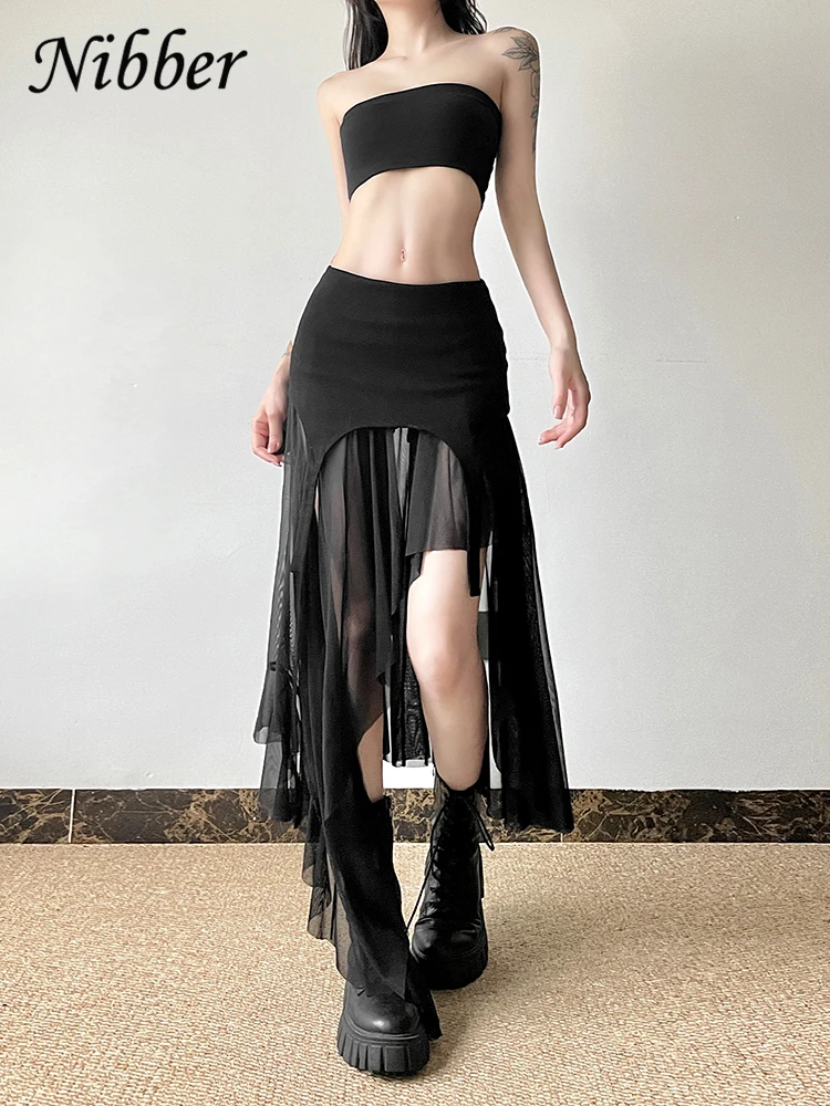 Nibber 2024 Sommer Einfarbig Einfach Alle-spiel Casual Sexy Fimbriate High Street Trendy Coole frauen Laminiert Rüschen rock