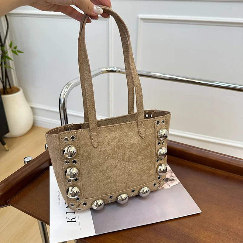 

2025 Suede Studded Tote Bag, Vintage Market Purse for Women, Niche Shoulder Crossbody, Minimalist Day to Night Bag, Textured