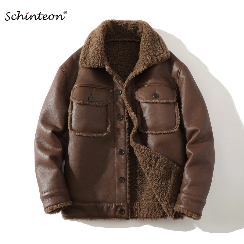 

Schinteon Men Suede Leather Jacket Autumn Winter Warm Thick Casual Outwear Faux Lamb Wool Fur Solid Color Turn-down Collar Coat