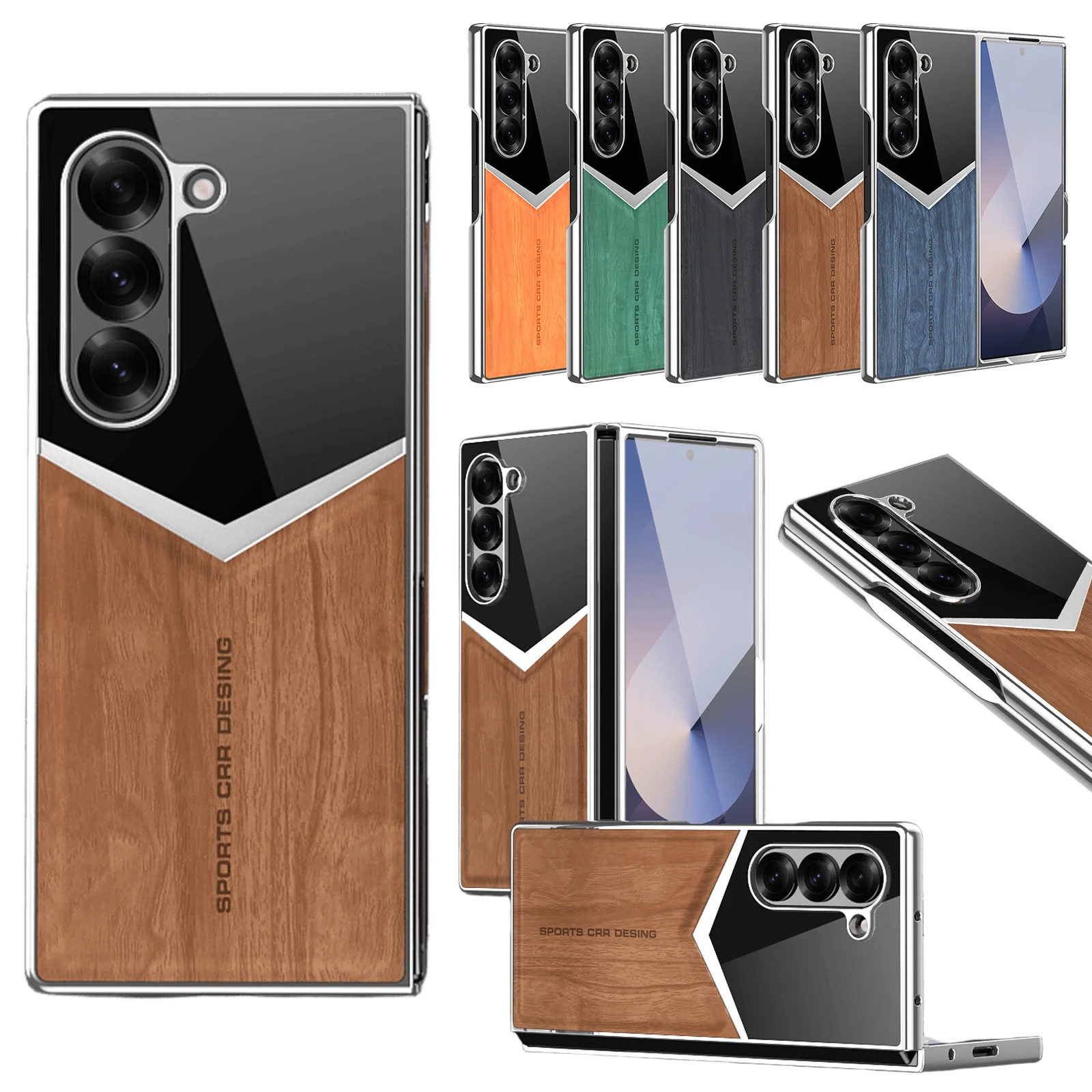 Rugged Phone Case with Screen Protector For Samsung Galaxy Z Fold 7 6 5 4 3 Wood Grain Folding Shell Shockproof Hard Cover