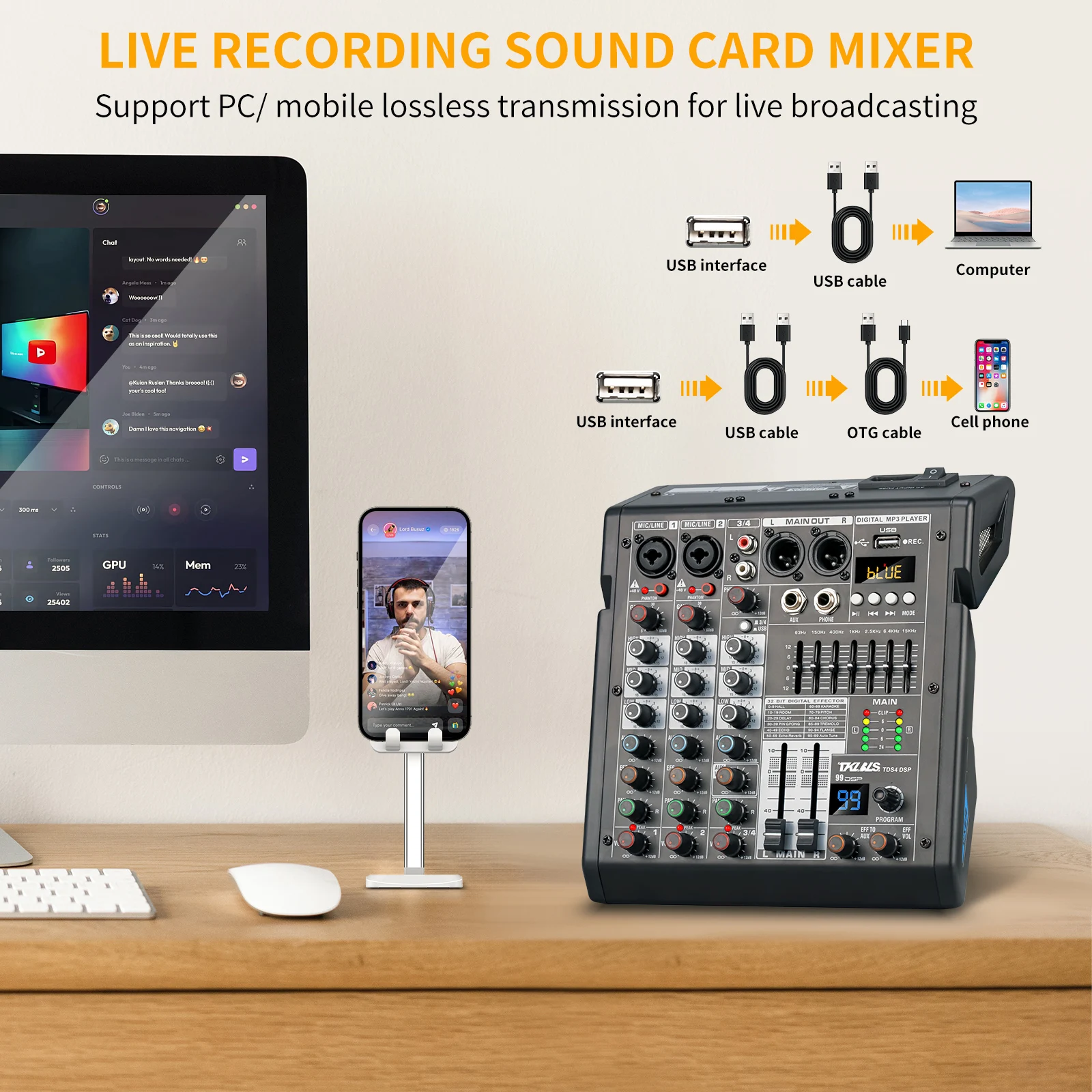 TKLBLS TDS4 4-channel mixer USB Mp3 balanced 48V 99 effects Fx 110-240V