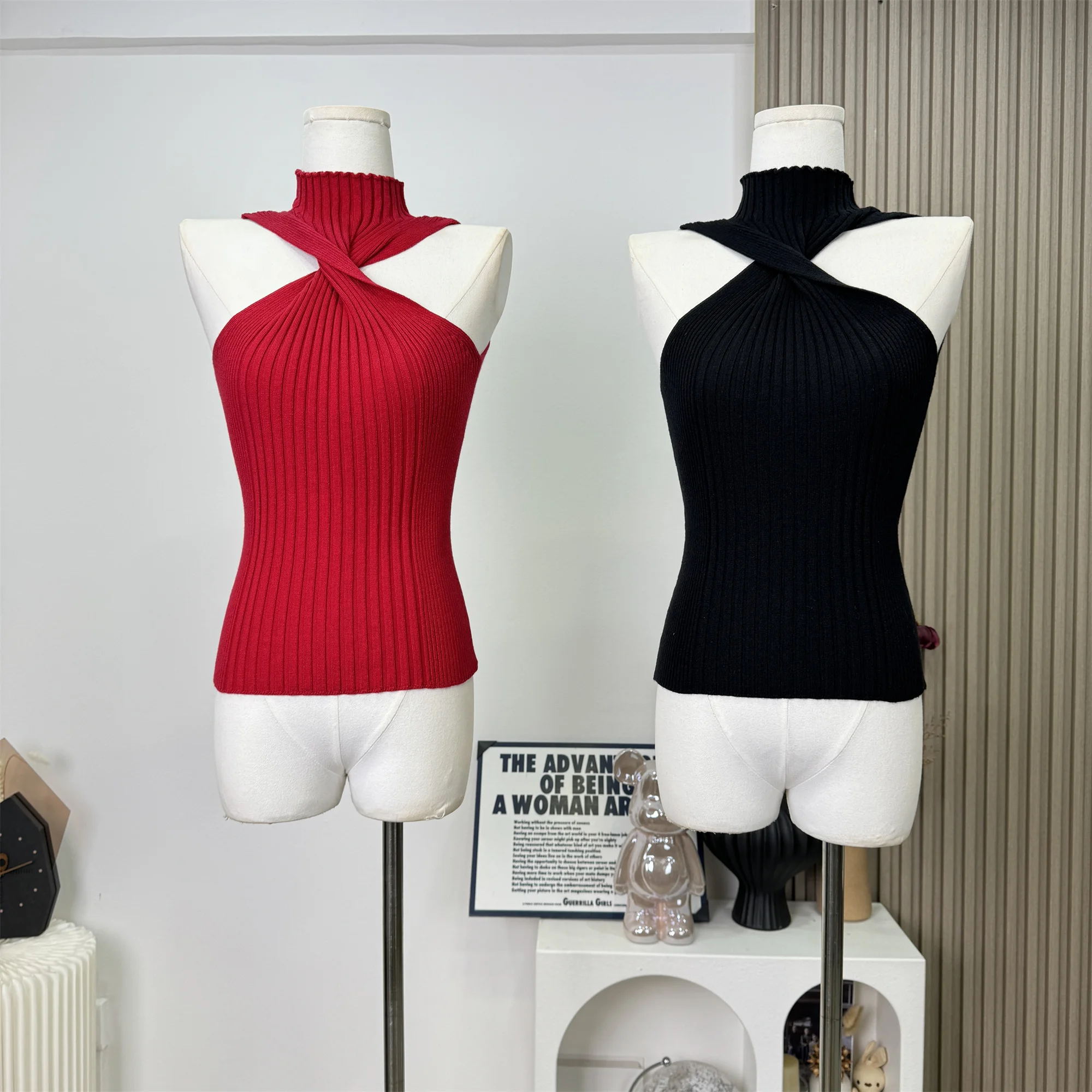 

Женская сексуальная витая водолазка, вязаная майка, женская однотонная тонкая майка без рукавов