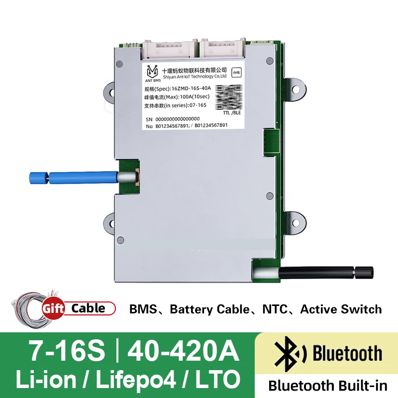 

SMART ANT BMS 40A 8S 9S 10S 11S 12S 13S 14S 16S 24V 36V 60V w/100mA Balancer Built-in BT UART charger bike module E-scooter/UPS