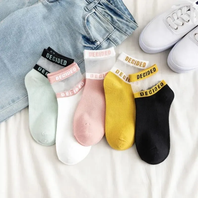 5 Pairs/Set Honey Sweet Letter Pattern Glass Silk Breathable Short Women Socks For Daily Dress Suit In Spring Summer