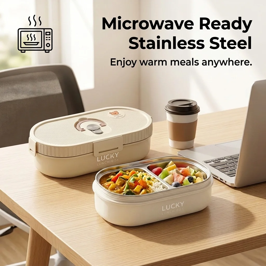 Microwave Safe Stainless Steel Lunch Box Leakproof Bento Box Set Portable Food Storage Containers for Adults Kids School Office - view 3