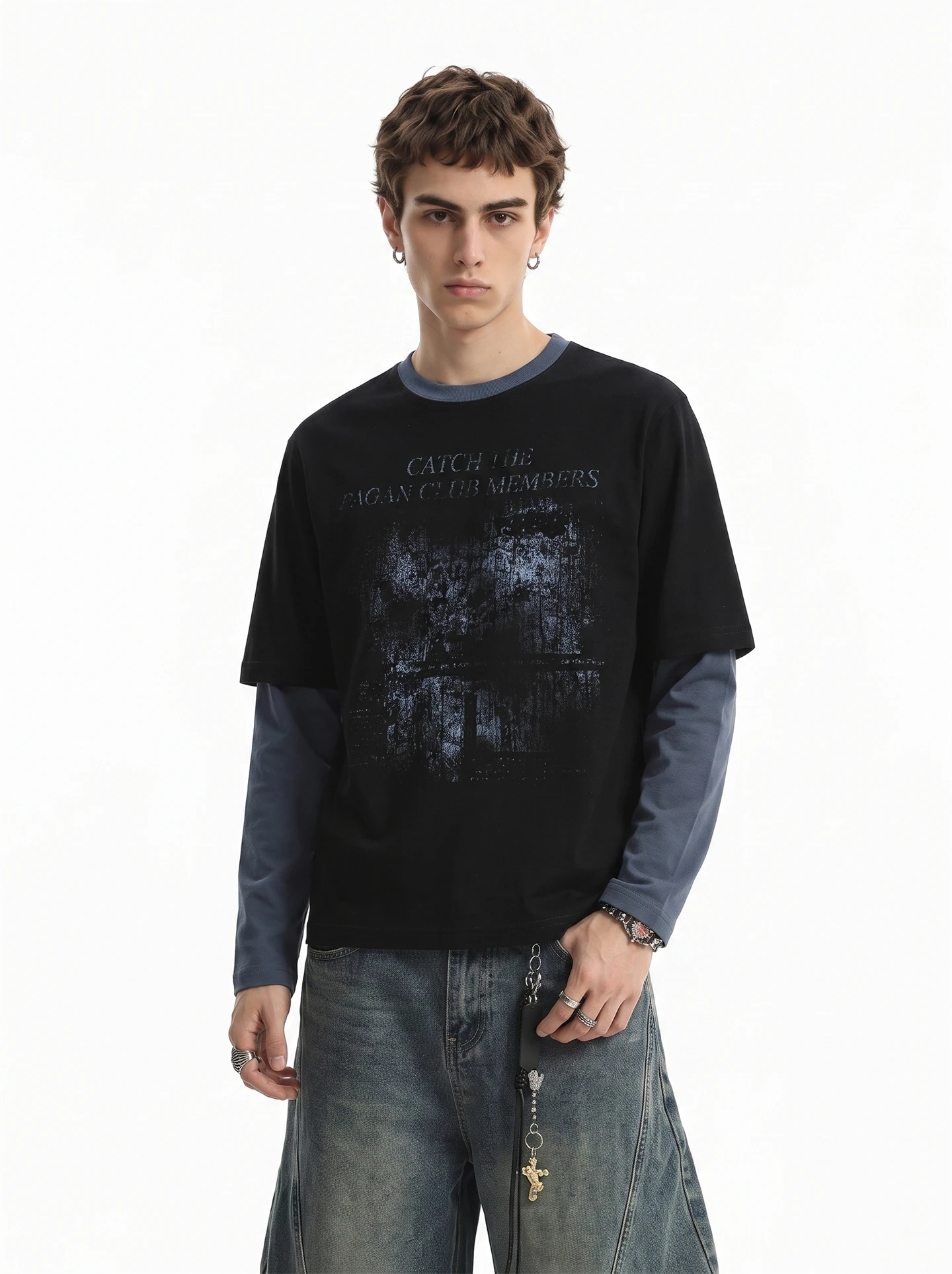 BETEBULE American Style Long Sleeve T-Shirt Men's Vintage Printed Letter Cool Upper Body Autumn New Style Fake Two-Piece