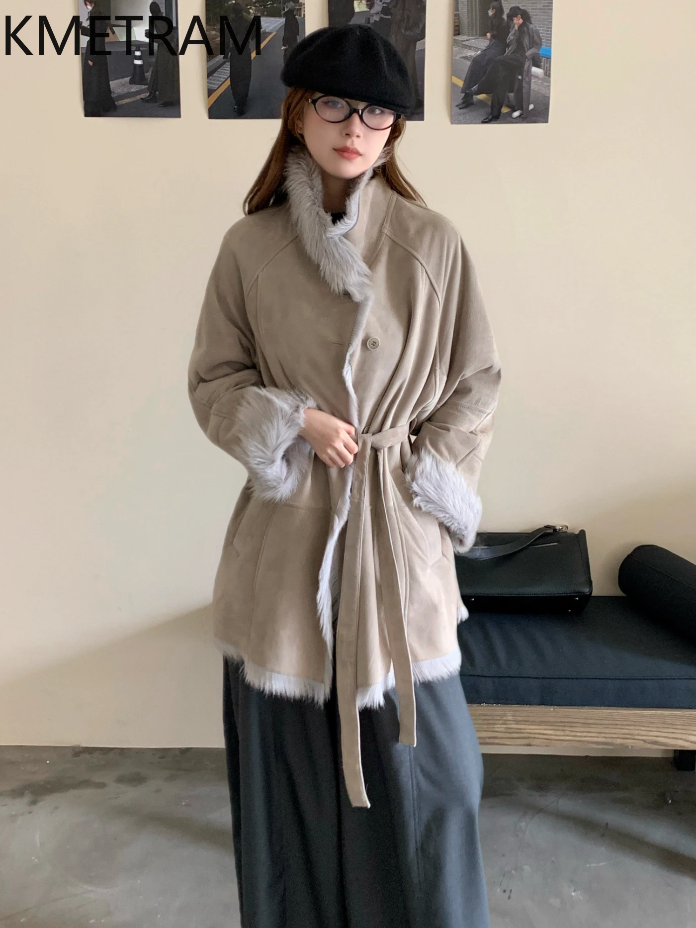 KMETRAM 100% Natural Goat Sheepskin Wool Fur Coat with Removable Belt Light Grey Winter Women Clothing 2025 manteaux hiver femme