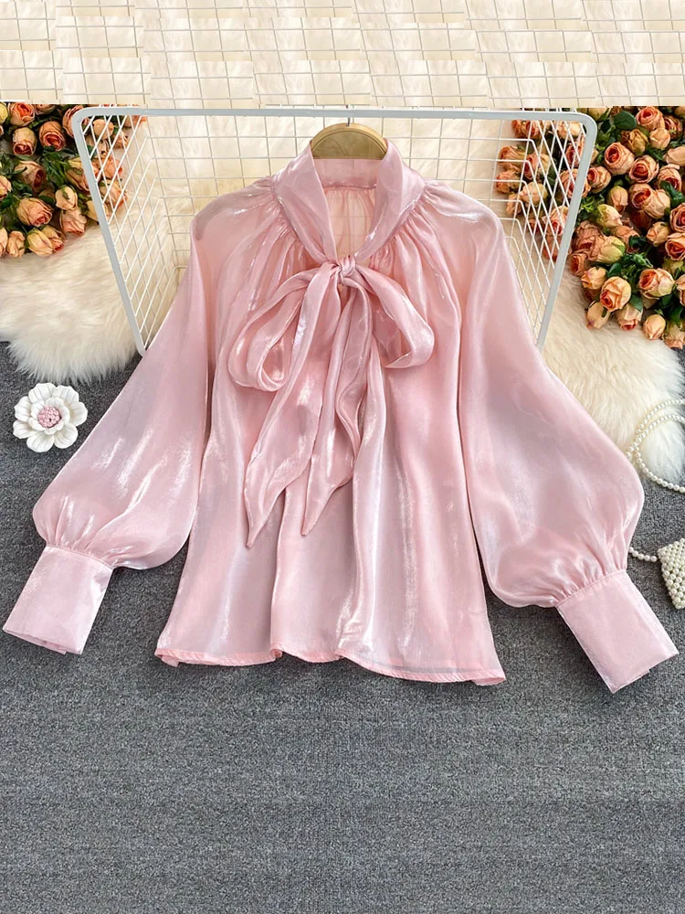 Spring Autumn Women\'s New Tops Bowknot Lantern Sleeves Loose All-match Temperament Ladies Shirt UK113 Women  Blouses UK113