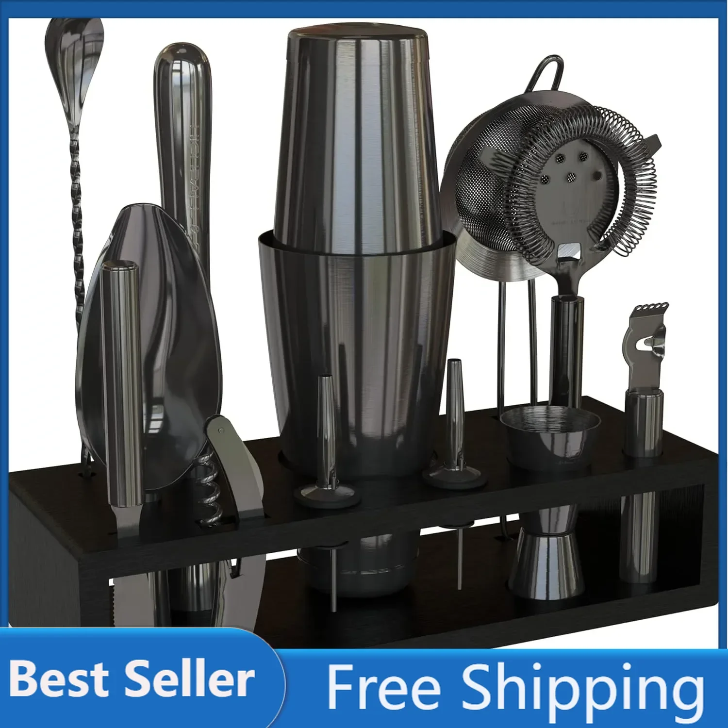 13-Piece Boston Cocktail Shaker Bar Set Gunmetal Plated Bartender Kit Cocktail Shaker Set Black Cocktail Kit