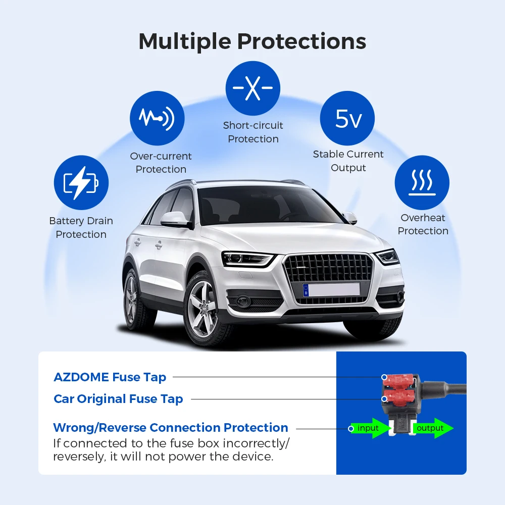 AZDOME JYX02 جهاز تسجيل فيديو رقمي للسيارات مجموعة الأسلاك الصلبة لـ M550 M550 Pro GS63H PG17 M17 حماية منخفضة المجلد منفذ USB صغير 12 فولت-24 فولت في 5V2.5A خارج