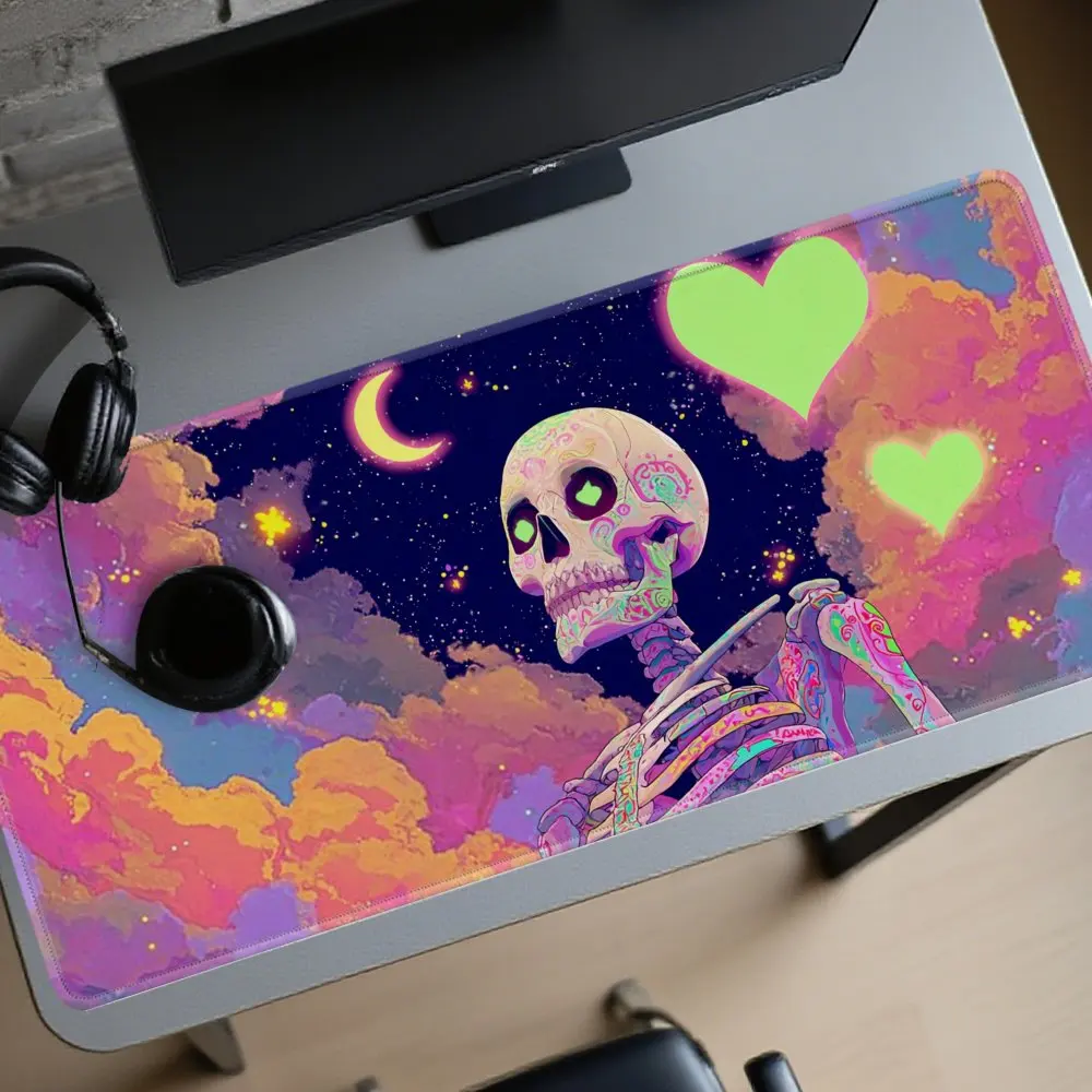 Neon Skeleton Day of the Dead Mouse Pad XL Colorful Stars Night Sky Gaming Desk Mat Durable Rubber Base