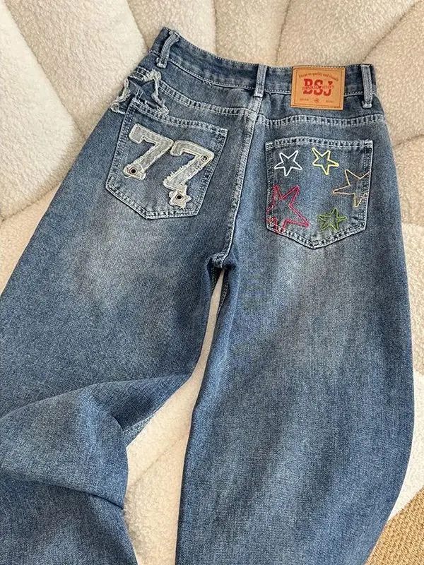 

Retro American Star Embroidery Fashion Jeans Women's Early Spring New Loose Slimming Floor-Length Pants High Waist Wide Leg