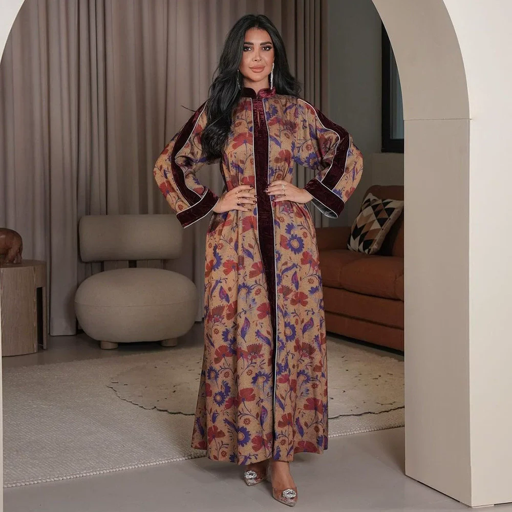 

Middle East Saudi Arabia Muslim Luxury Fashion Ethnic Women's Clothing New Printed Velvet Pendant Islamic Ramadan Dress