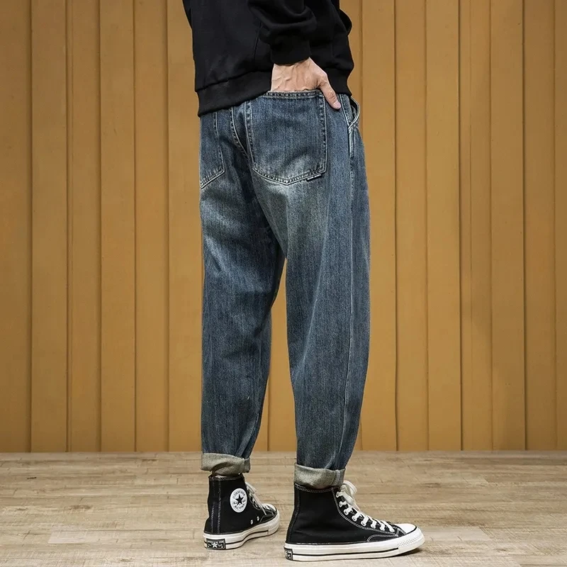 2022 Men's Solid Color Cotton Jeans Hombre Pants Fashion Loose Straight Casual Pants High Street Student Casual Denim Trousers