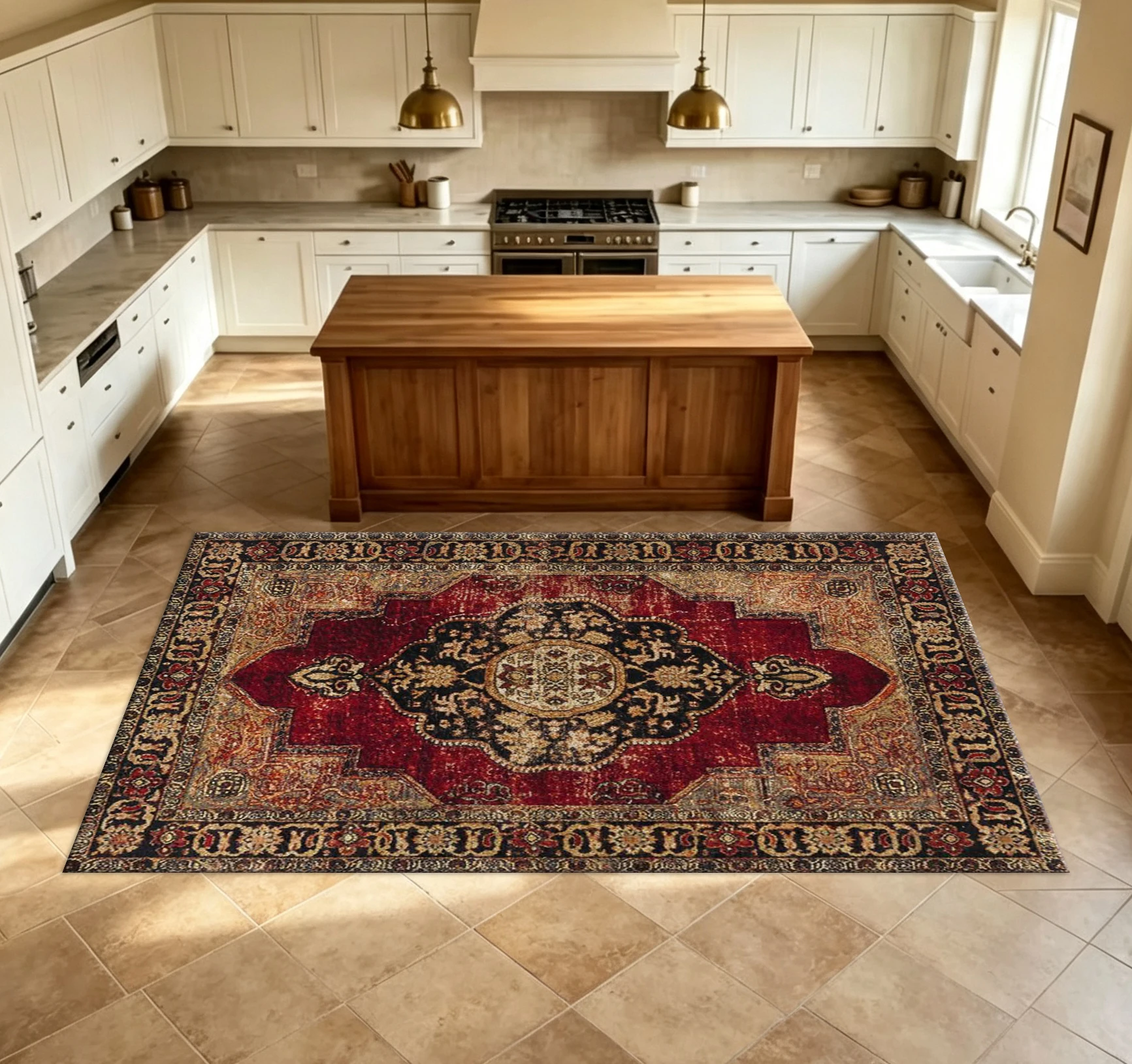 Vintage Red Persian Medal Pattern Carpet, Distressed Oriental Border Print Rug, Classic Interior Decorative Carpet