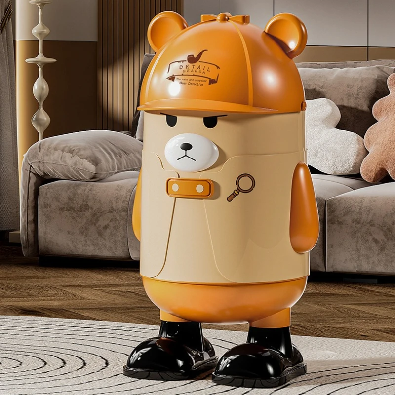 Cartoon Bear Trash Can Large Capacity Home Use Bedroom Living Room Bathroom Lid Garbage Can Trash Bin Kitchen Trash Bin