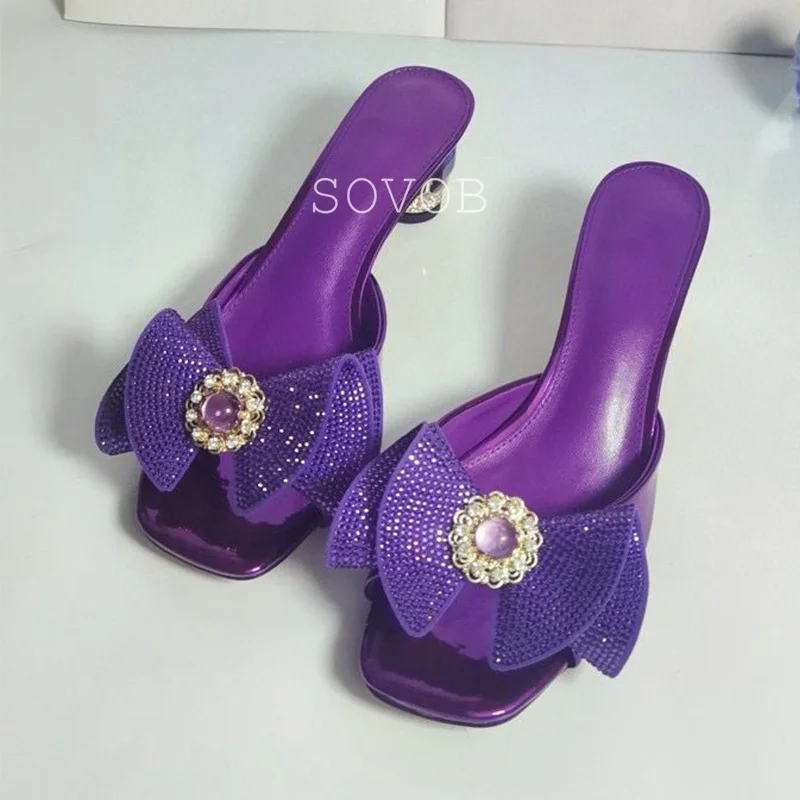 New Summer Patent Leather Rhinestone Bow Decoration High-Heeled Slippers Women Sweet Fairy Style Slippers Banquet Dress Shoes