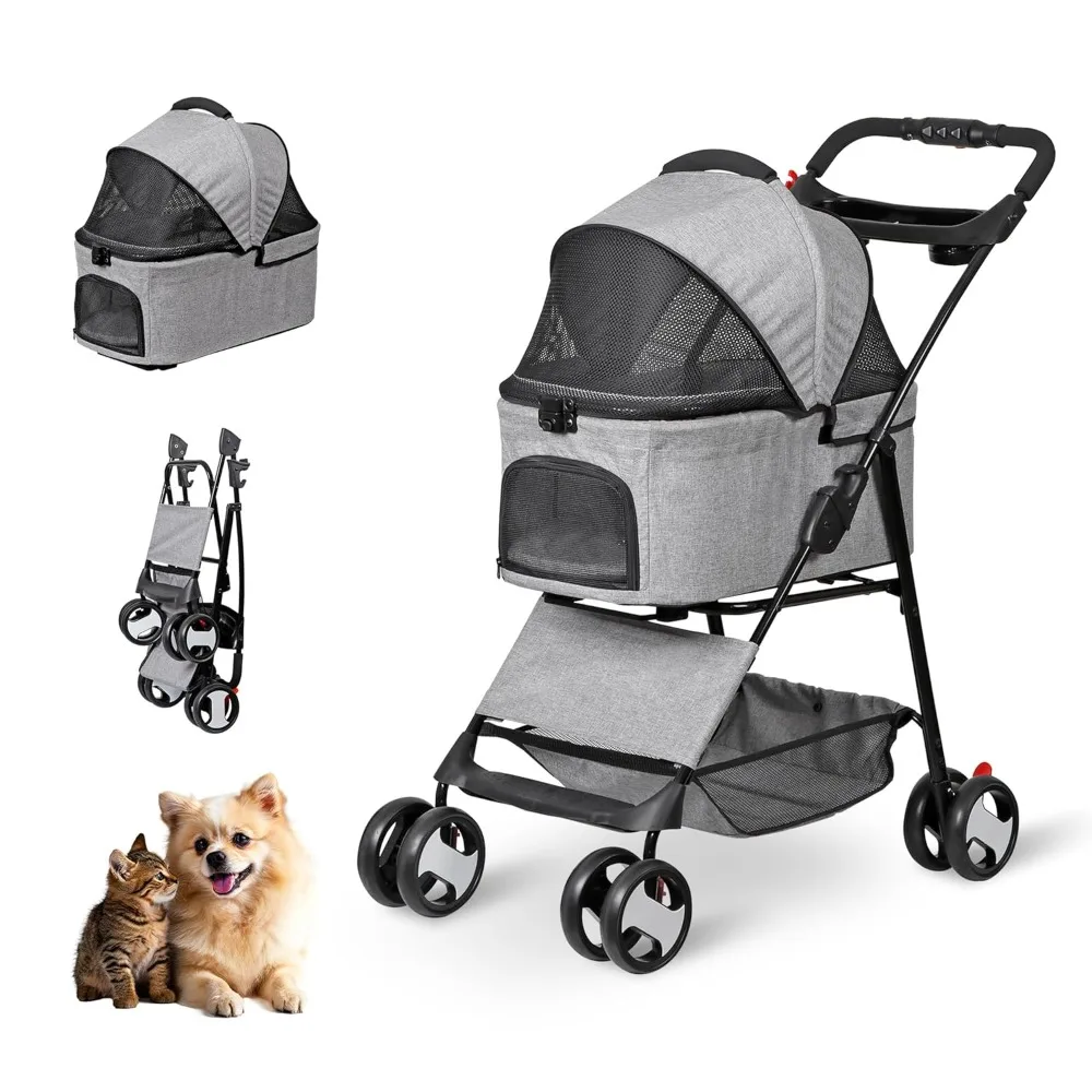 

4 Wheels Dog Cat Stroller for Small Medium Dog Cats Carrier Jogger Travel Foldable Puppy with Detachable Carrier