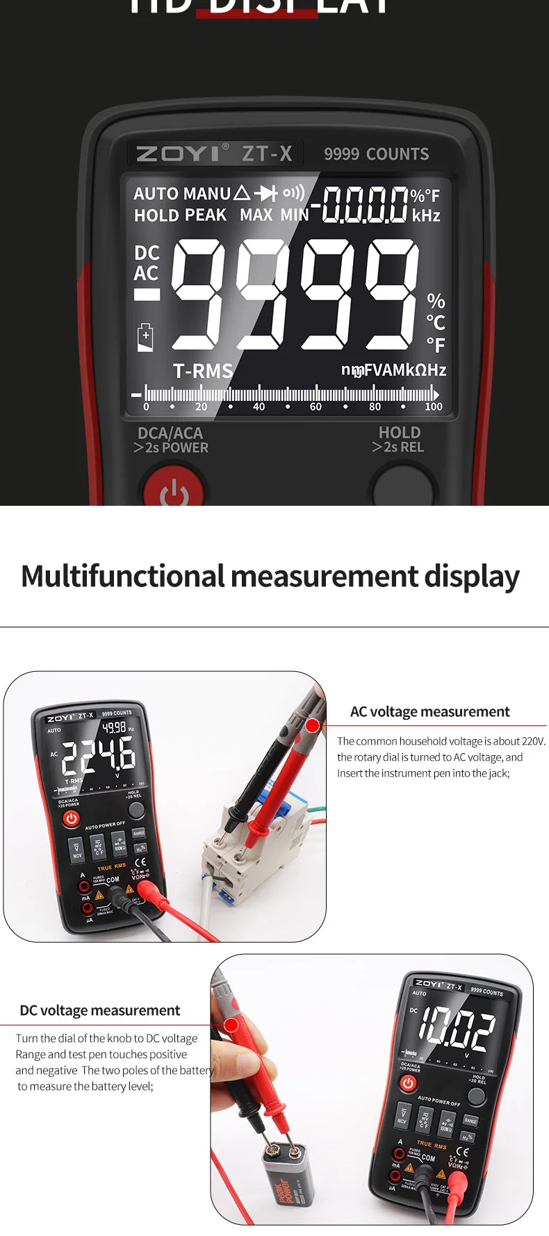 ZOYI ZT‑X 9999 Counts True RMS Digitalmultimeter mit automatischer Bereichswahl, NCV-Spannung, Strom, Widerstand, Kapazität, Temperaturmessgerät – Detail 7