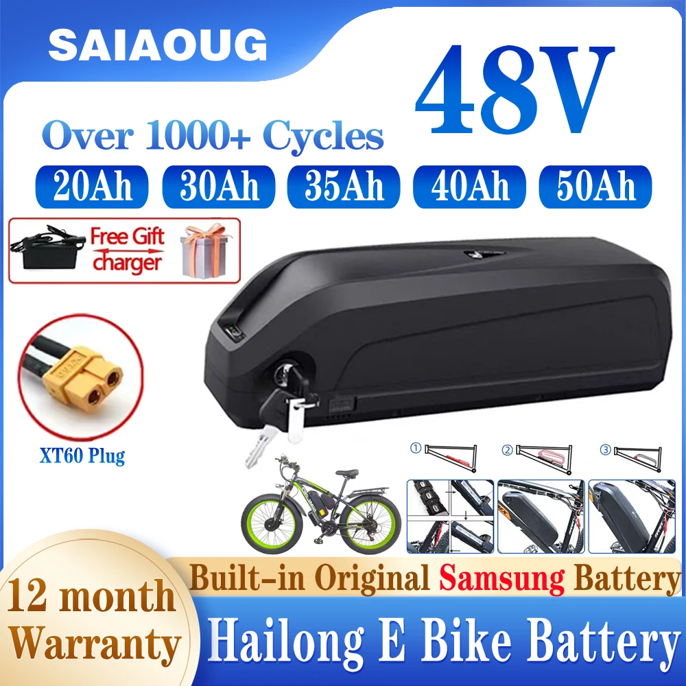 

Original Hailong 48V 50AH 40Ah Ebike Battery 35Ah 30Ah 20Ah 2000W Brand Cell bafang + Duty-free Gift Charger + Security Lock