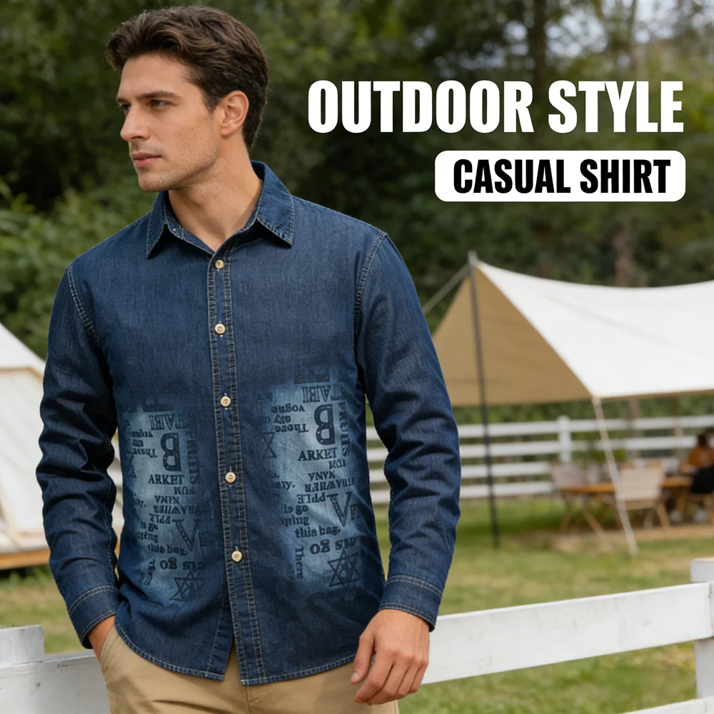 Spring Autumn Men's Cotton Denim Shirts Outdoor Men Vintage Print Long Sleeve Shirt Jean Jacket Men Washed Workwear Denim Coats