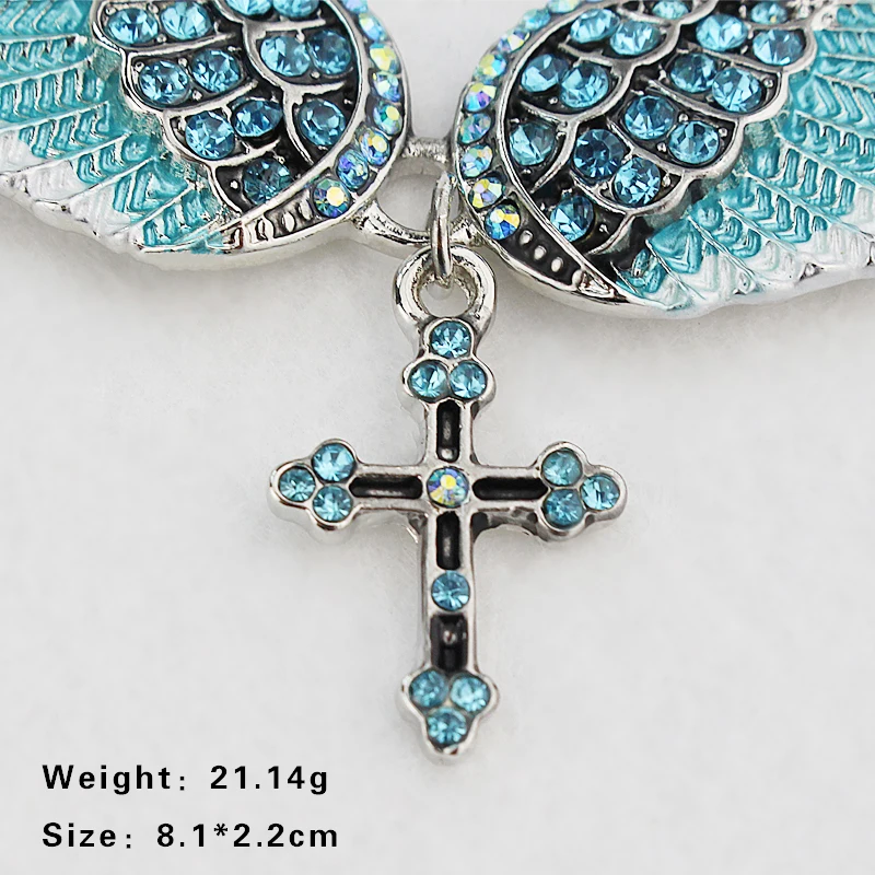 Fashion Blue White Pink Charm Crystal Angel Wings Cross Pendant Necklace Shellhard Vintage Jewelry For Women Bridal Wedding Gift