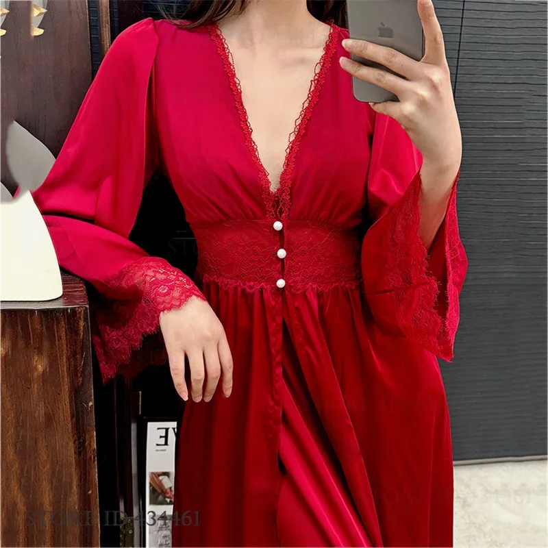 หญิงยาว Robe ชุดนอน Burgundy ผ้าไหมซาตินเสื้อคลุมอาบน้ํากิโมโนชุดฤดูใบไม้ผลิฤดูร้อนชุดนอน Nightgown Elegant Home Dress