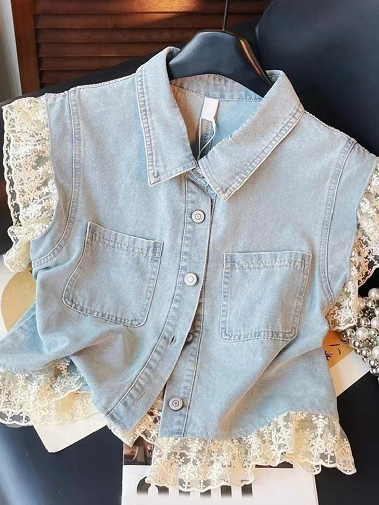 Lace Patchwork Denim Vest Women Sweet Fashion Loose Casual Vest Korean Pockets Summer Elegant Knit Female Waistcoat Tops