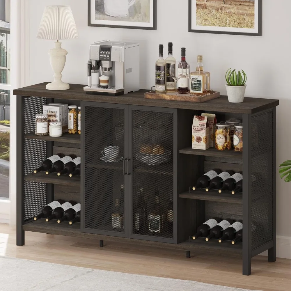 

Bar cabinet, farmhouse side panel with storage room, wooden and metal wine rack cabinet (55 inches, walnut brown), bar cabinet