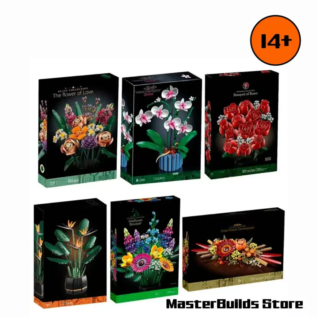 Fleurs éternelles, roses et orchidées, ensemble de blocs de construction en pot de 8 pièces, adapté comme cadeau pour les filles