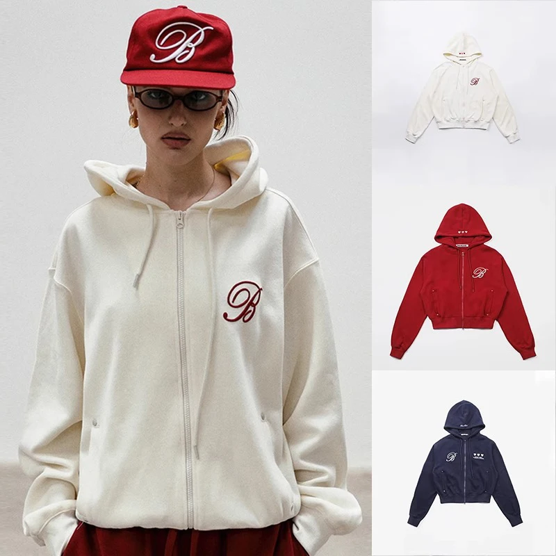 

Женская толстовка в американском стиле с вышивкой, красная, свободного кроя, повседневная куртка, модная, с длинным рукавом, на молнии, удобная, с капюшоном