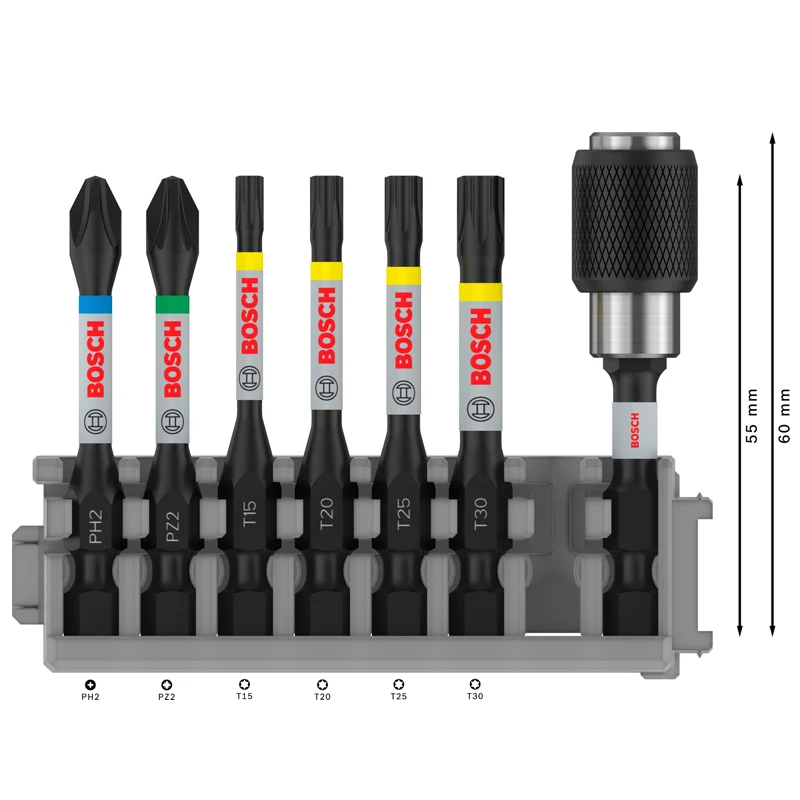 Bosch 2608522327   Profesjonalny 7-częściowy zestaw końcówek wkrętakowych do kontroli uderzeń Bity T/PZ/PH 50 mm Uniwersalny uchwyt Szybkozłączka