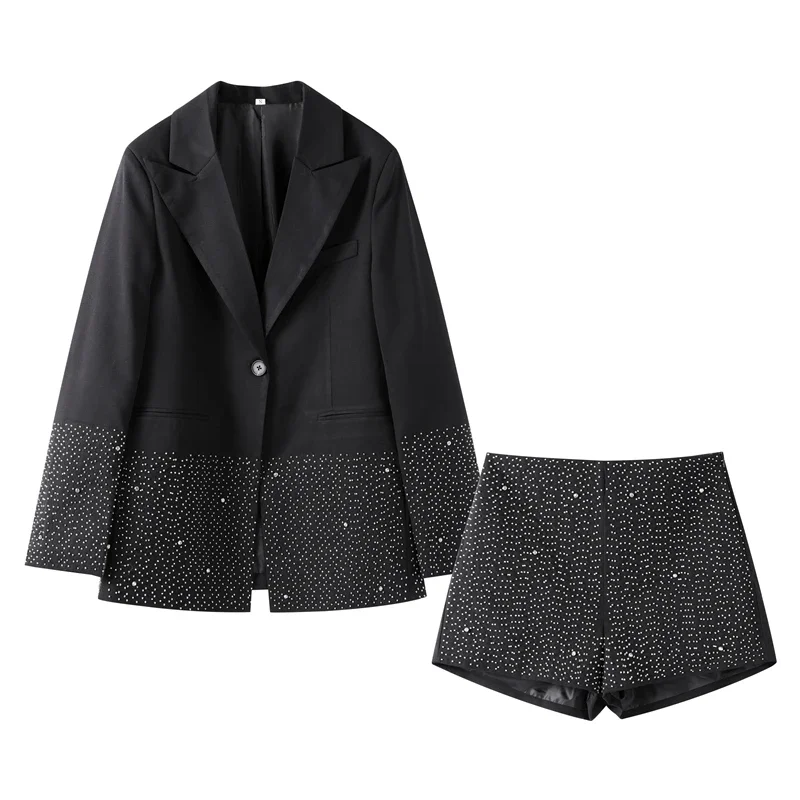 

Elegant Rhinestone Short Set Women Spring Autumn Lapel Pockets Button Jacket Full Sleeve Suit Lady High Waist Stylish Sets Woman