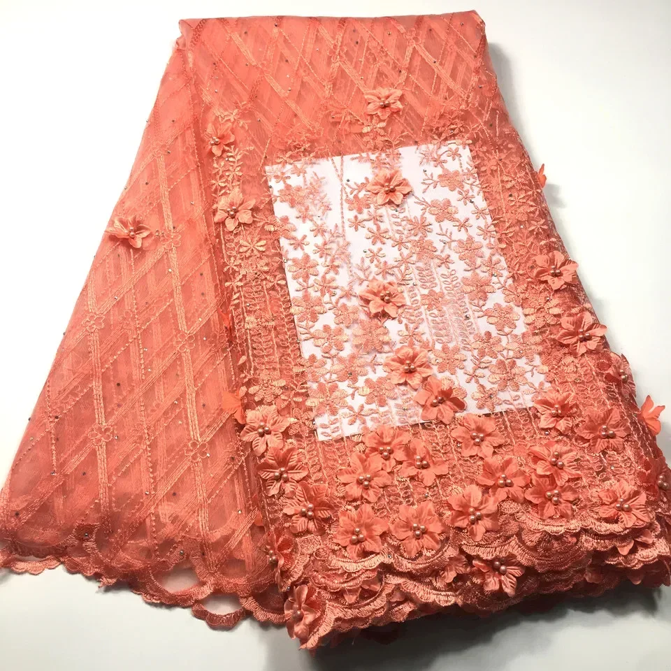 NEW Lace Fabric Peach African Lace Fabric 2024 High Quality Lace Beaded French Nigerian Lace Fabrics 3D Lace 5 Yards /Lot M3542