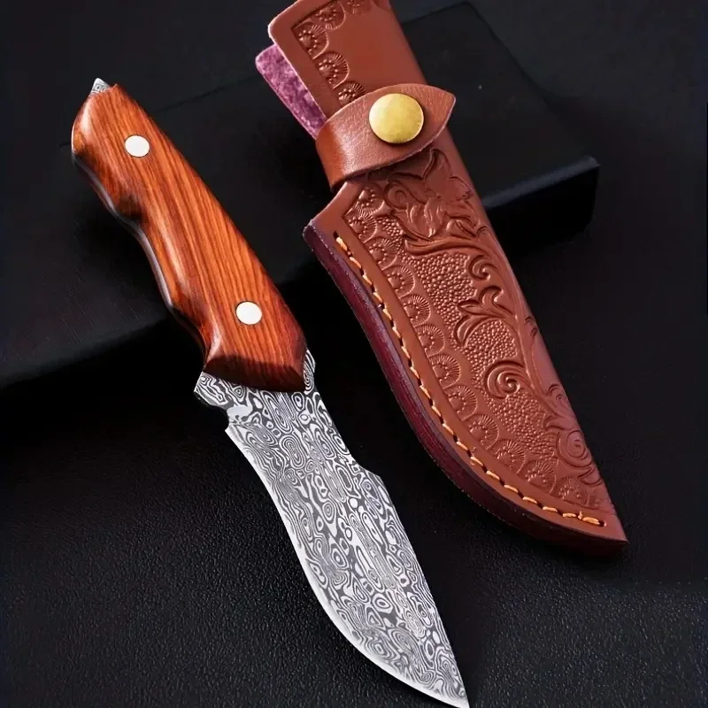 

1PC Outdoor Wood Handle Knife high hardness Steel Blade Camping Knives With Sheath