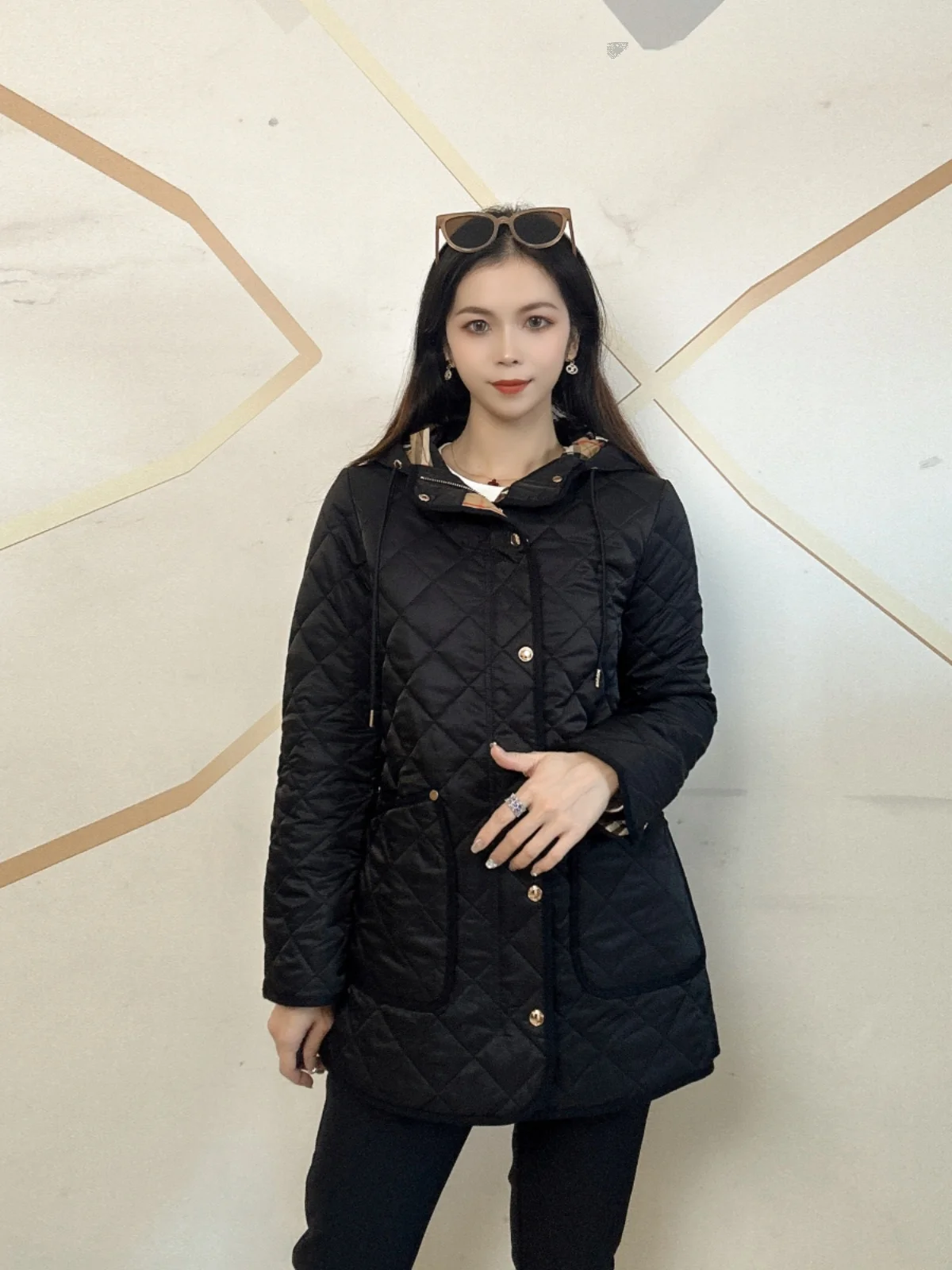 Chaqueta de Aodón para Mujer, Nueva Colección de Invierno, Diseño de Rombo, Casual, Versátil, Moderna, con Capucha, Larga, ...