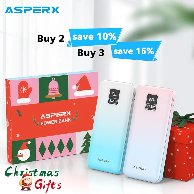 AsperX 22.5W Fast Charging 2 Pack Power Banks 10000mAh Portable Charger with Digital Display, USB in&out