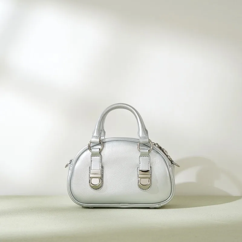 Genuine Leather High End Buckle Shell Bowling Bag Retro Shoulder Crossbody Bag Fashion Coin Purse Mini Handbag 2025 New