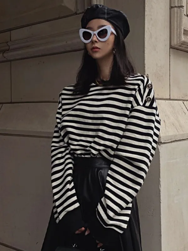 

Vintage Button up Striped Loose Svel T irt Women's Faionable Anti Aging Top Autumn Winter Casual Comfortable Tee