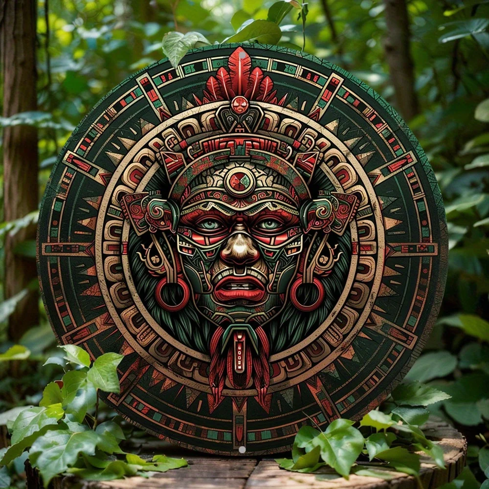 

Ancient Aztec Themed Wreath Decoration, Round Aluminum Metal Decor Sign, for Home, Wall Decoration, Perfect Holiday Gift