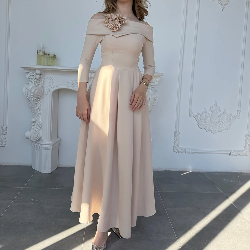 فساتين سهرة مخصصة على شكل حرف a بطول الكاحل قبالة الكتف ثلاثة أرباع كم فستان حفلات موضة الزهور ثنيات فستان الحفلات #2