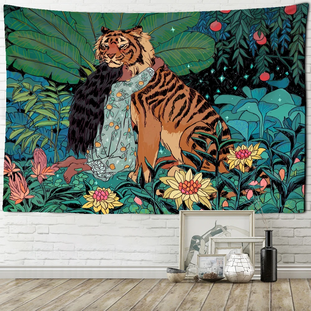 

Psychedelic Mysterious Forest Big Tapestry Girl Tiger Moon Style Tapestry Home Wall Bedroom Decoration Print Wall Hanging