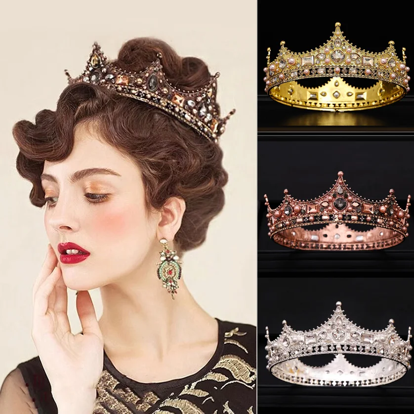Reina real Regal corona brillante barroco Retro dominante hermosa Tiara redonda diadema para graduación boda joyería nupcial accesorios para el cabello