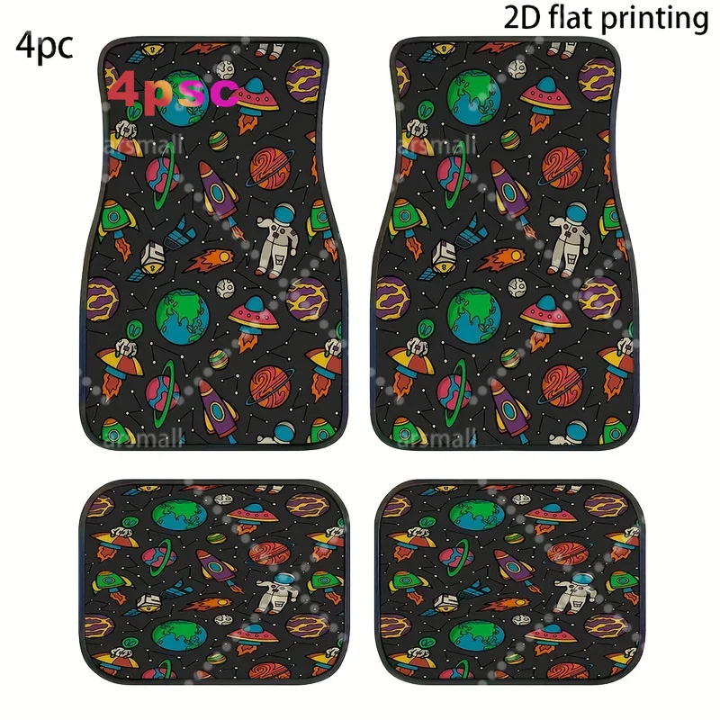 4pcs Car Floor Mats, Space-Themed Illustrations, Made Of Polyester Fiber, Universal Car Mats, Washable, Wear-Resistant, Automoti