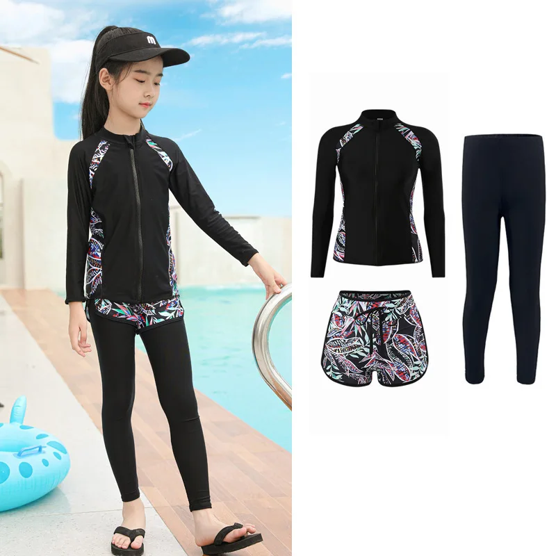 Kids Long Sleeve Sun Protection Rash Guard Wetsuit 3pcs/set Swimsuit Full Body Sunsuit Beachwear Bathing Suits Wetsuit Girls
